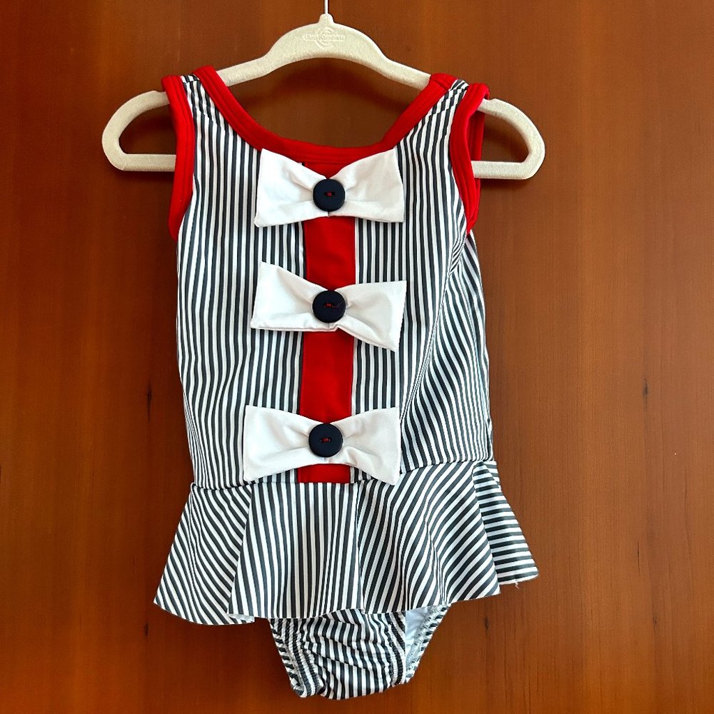 Bella Bliss Blue & White Striped Bathing Suit with Bows (Size 2) 4th of July!